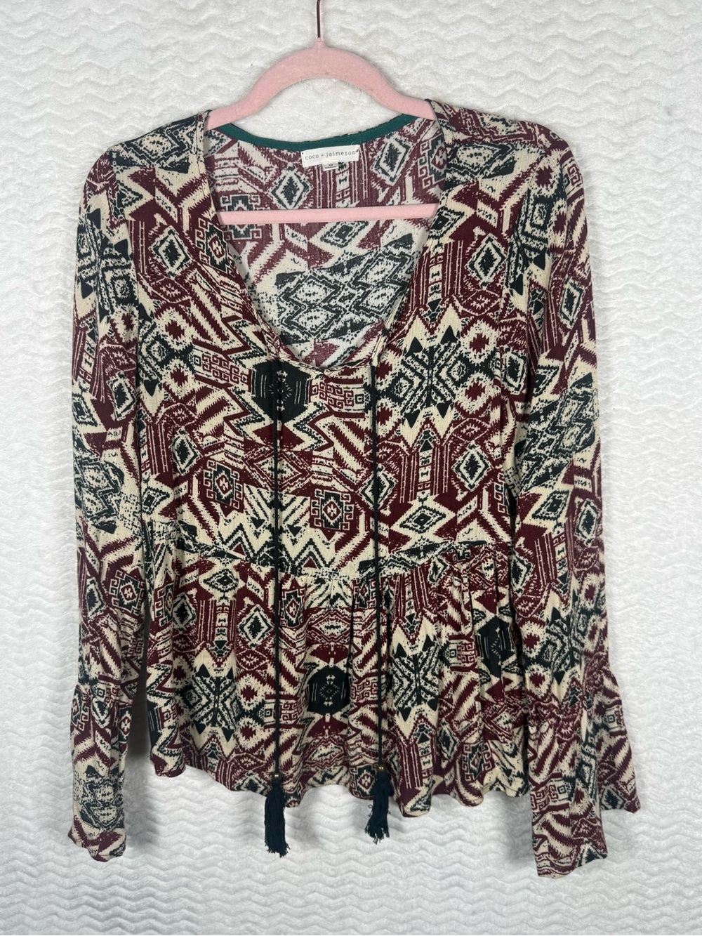 Coco + Jaimeson Boho Maroon & Cream Aztec-Print Peasant Tunic